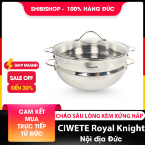 Chảo inox sâu lòng kèm xửng hấp Ciwete series Royal Knight màu vàng đồng 32cm