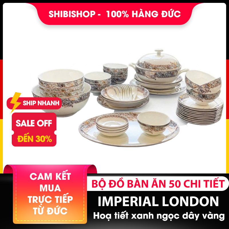 Bộ đồ ăn Imperial London xanh ngọc dây vàng 50 chi tiết sứ xương cao cấp