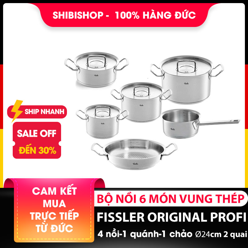 Bộ nồi Fissler Profi 6 món vung thép kèm quánh và chảo 2 quai 24cm made in Germany