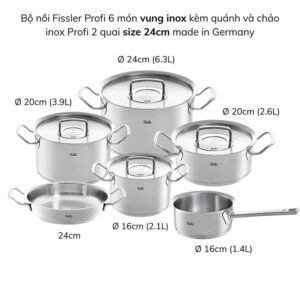 Alternative view of Bộ nồi Fissler Profi 6 món vung thép kèm quánh và chảo 2 quai 24cm made in Germany