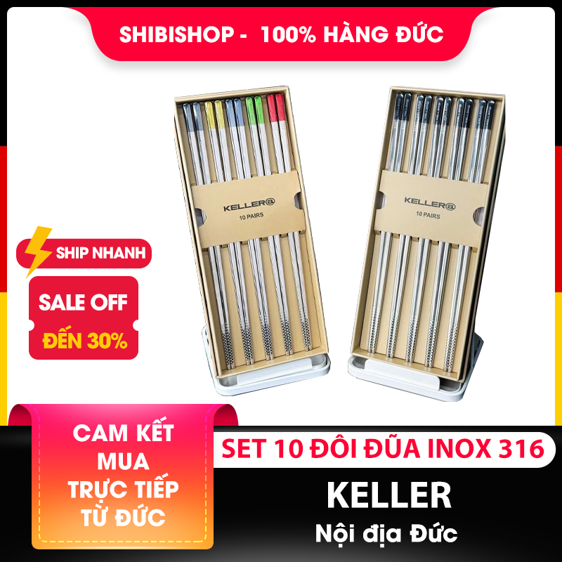 Set 10 đôi đũa inox 316 KELLER nội địa Đức