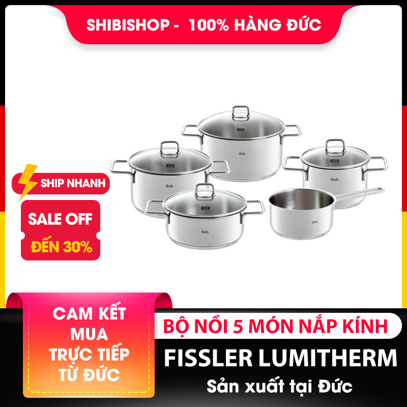 Bộ nồi FISSLER LUMITHERM 2026 5 món, chất liệu thép bóng gương, nắp kính cường lực cao cấp