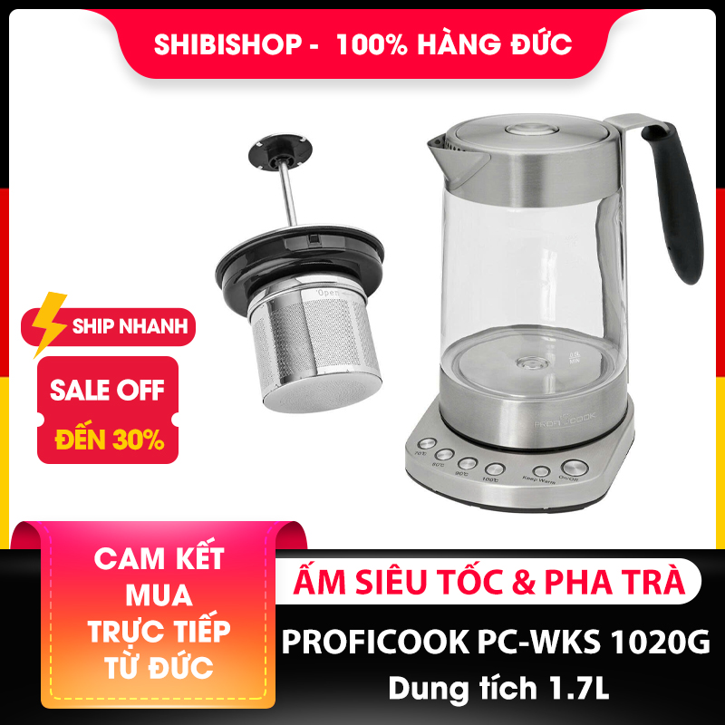 Ấm siêu tốc ProfiCook PC-WKS 1020G dung tích 1.7L kèm lõi pha trà thép không gỉ cao cấp, nội địa Đức