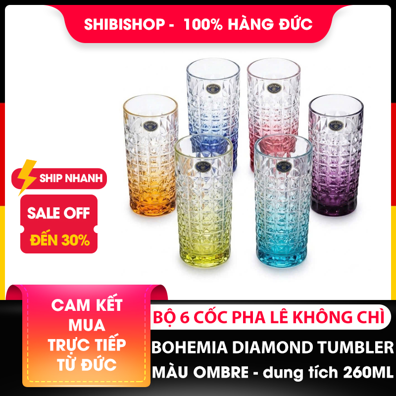 Bộ 6 cốc pha lê Bohemia Diamond Tumbler màu ombre 260ml sản xuất tại cộng hoà Séc
