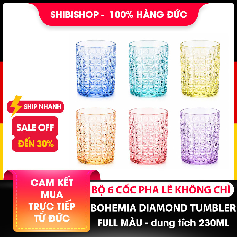 Bộ 6 cốc pha lê Bohemia Diamond Tumbler full màu 230ml sản xuất tại cộng hoà Séc